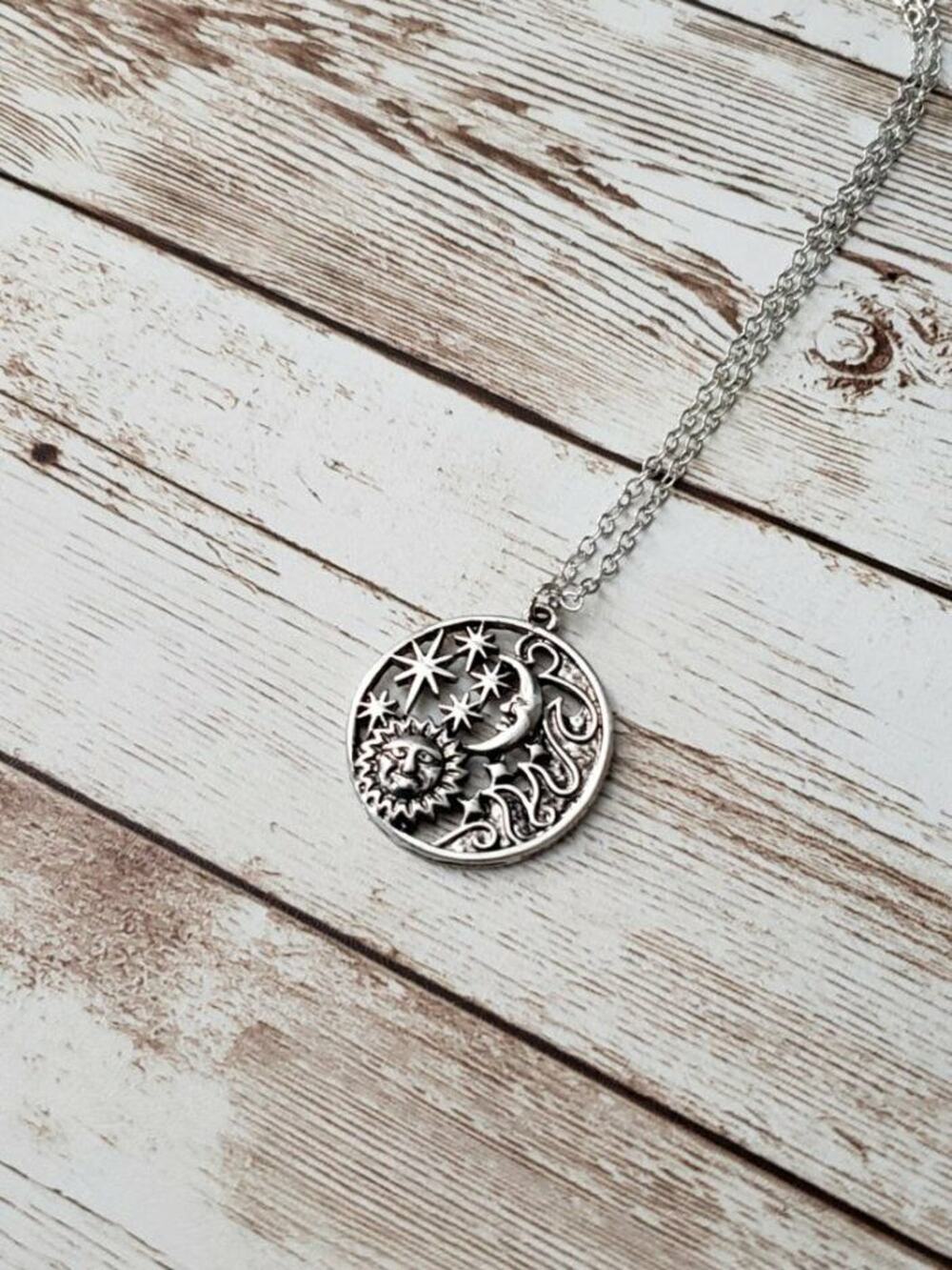 Sun & Moon Silver Tone Pendant Necklace - Brand New